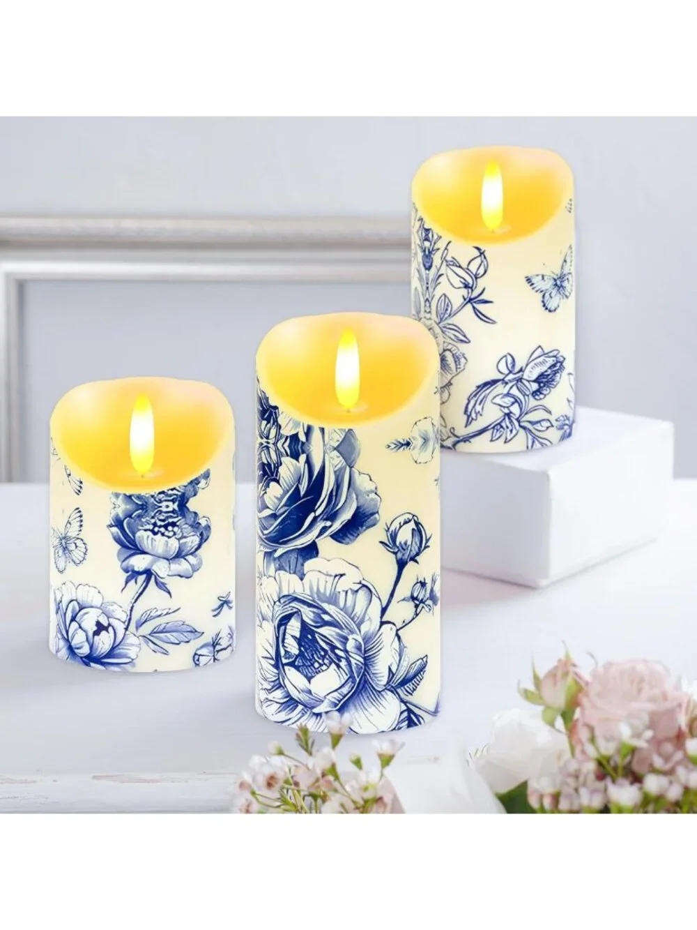 Set of 3 Blue & White Flameless Candles - Chinoiserie Floral Decor with Remote